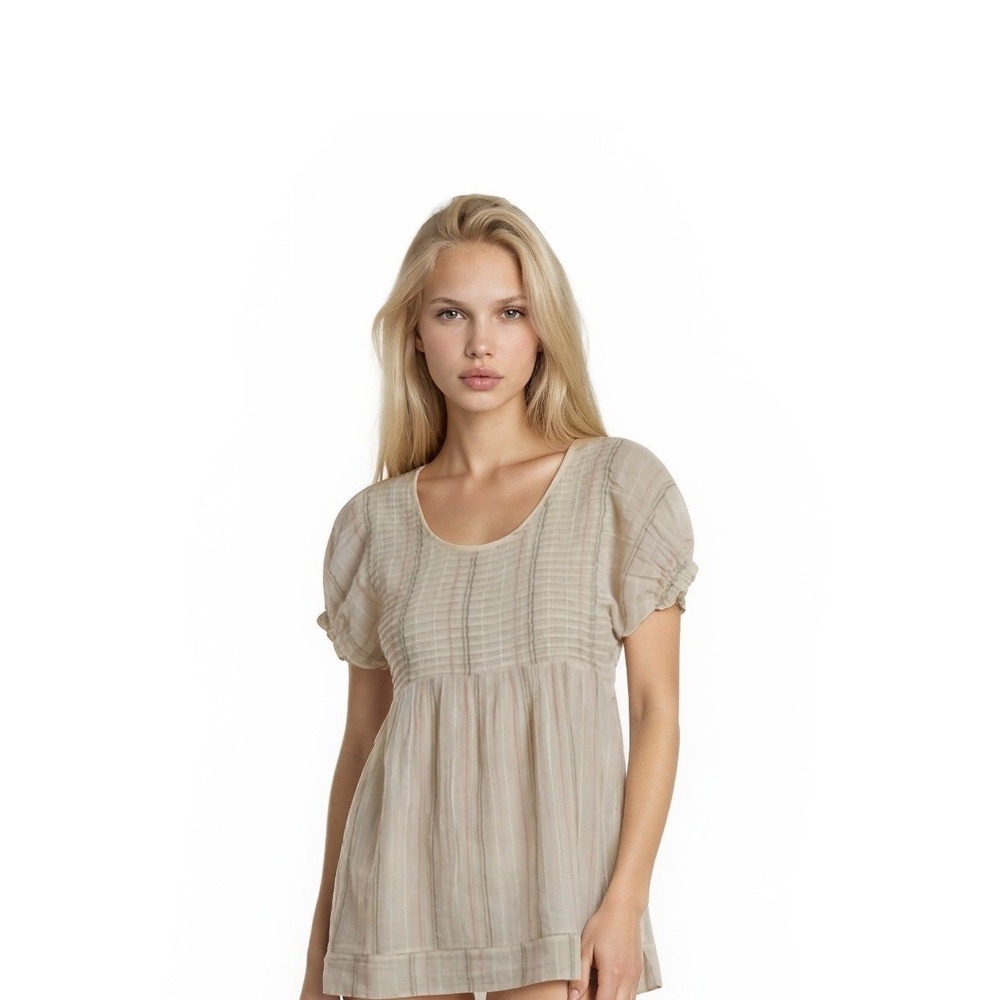Free People Tunic Blouse Women's Size XS Ivory Stripe Puff Sleeve Babydoll Top